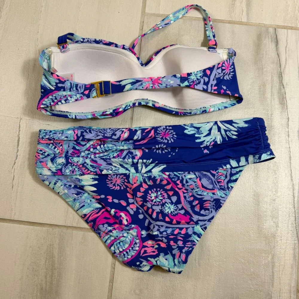 Lilly Pulitzer Bikini Set Blue Pink Tropical Floral Bandeau Top 8 Bottom 6